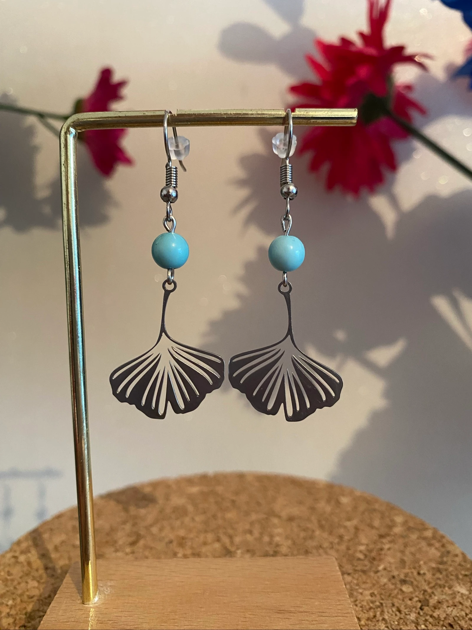 Pendientes pequeñas gingko plateadas efecto espejo – photo 2